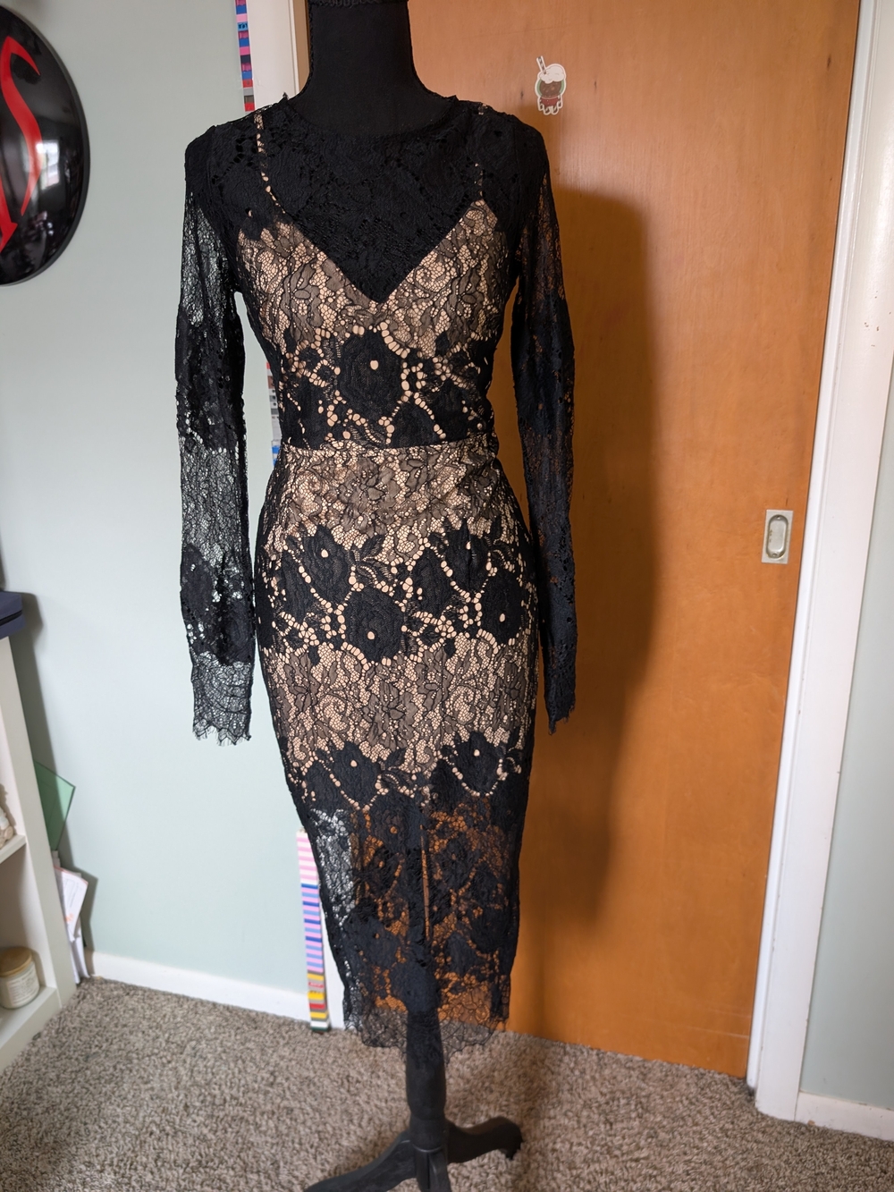 Fashion Nova Black Lace Long Sleeve Midi Dress with Nude Slip